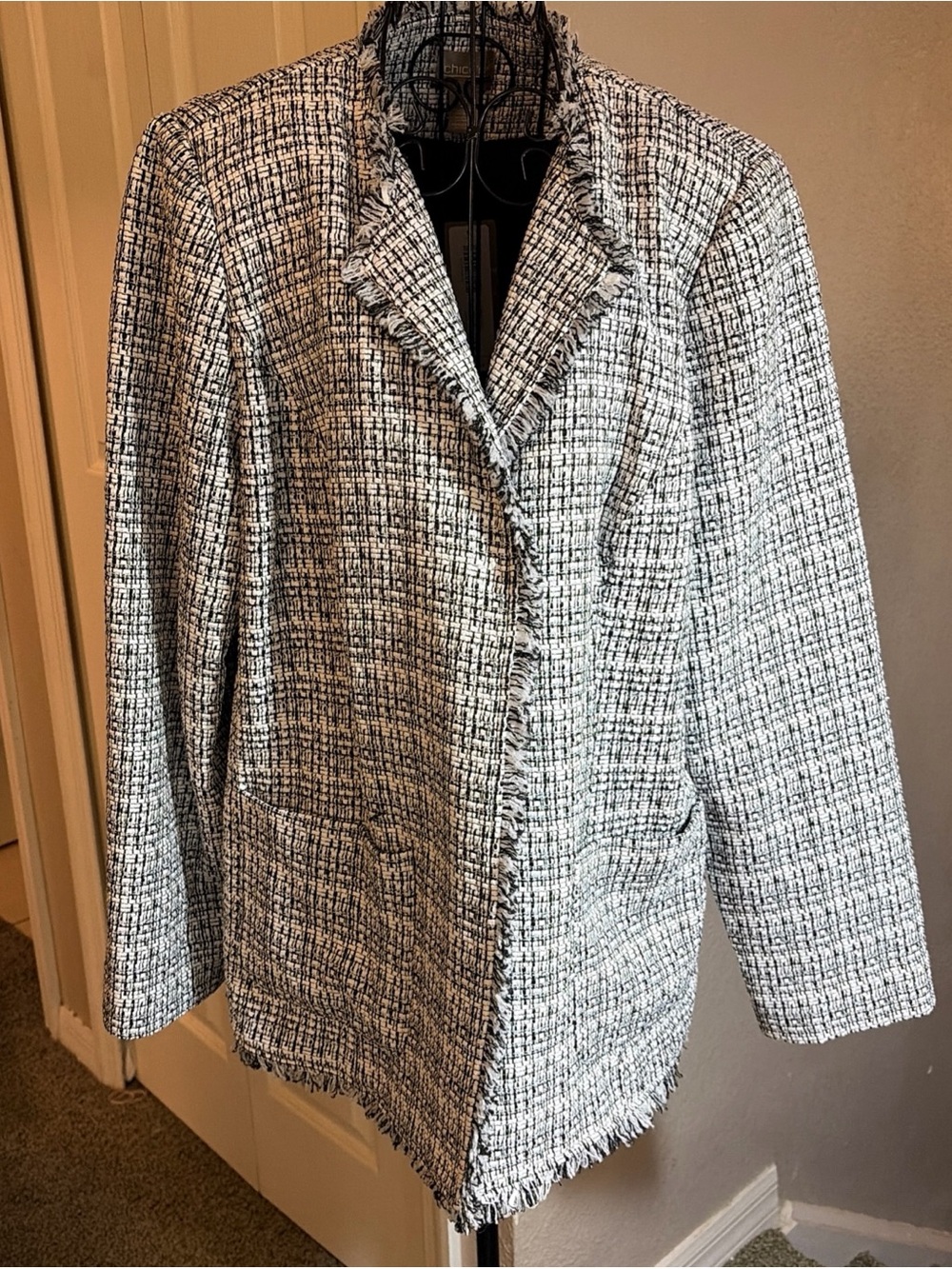 Chico's Black and White Tweed Fringe-Trim Blazer Jacket